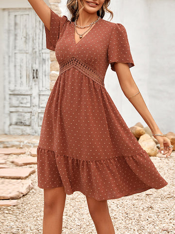 Woochic robe courte trapèze à pois à volantée v-cou manches courtes mode Rouge S